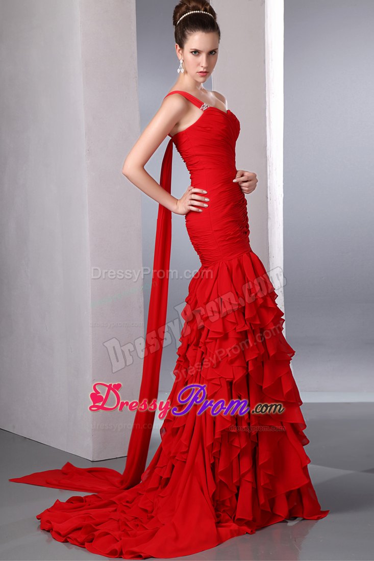 Red One Shoulder Watteau Train Ruffled Prom Dress for Girls