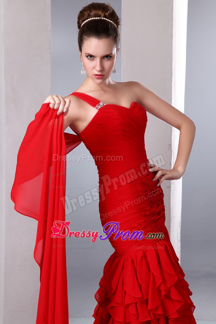 Red One Shoulder Watteau Train Ruffled Prom Dress for Girls