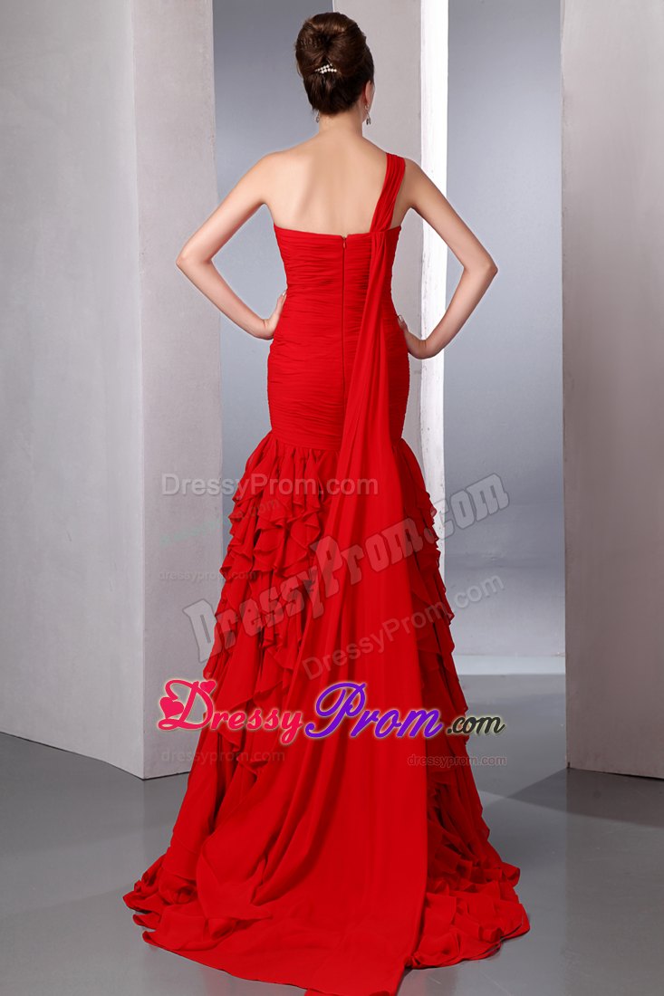 Red One Shoulder Watteau Train Ruffled Prom Dress for Girls
