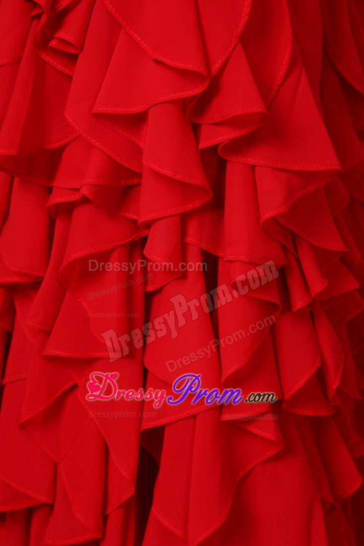 Red One Shoulder Watteau Train Ruffled Prom Dress for Girls