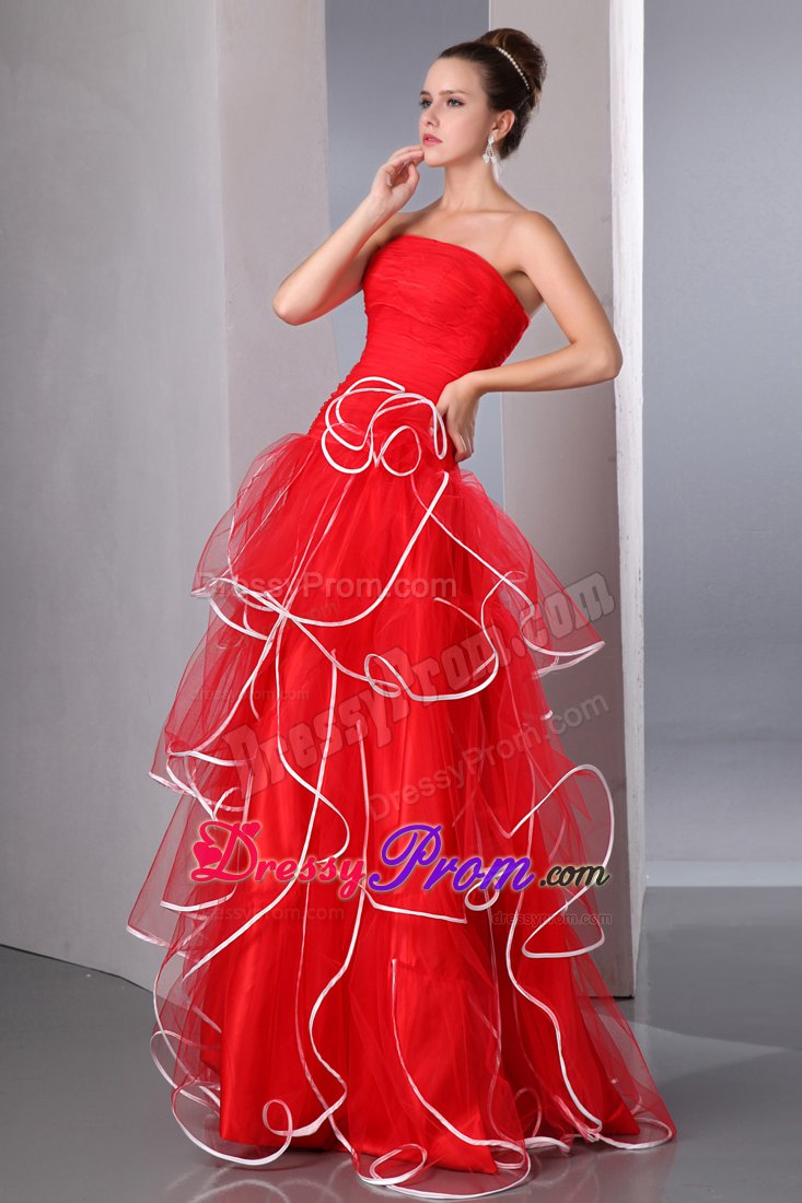 Multi-Tiered Organza Strapless Red Prom Gown Dress with Ruffles