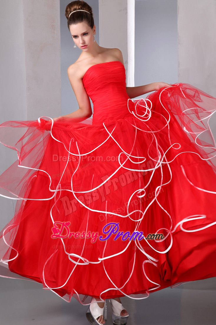Multi-Tiered Organza Strapless Red Prom Gown Dress with Ruffles