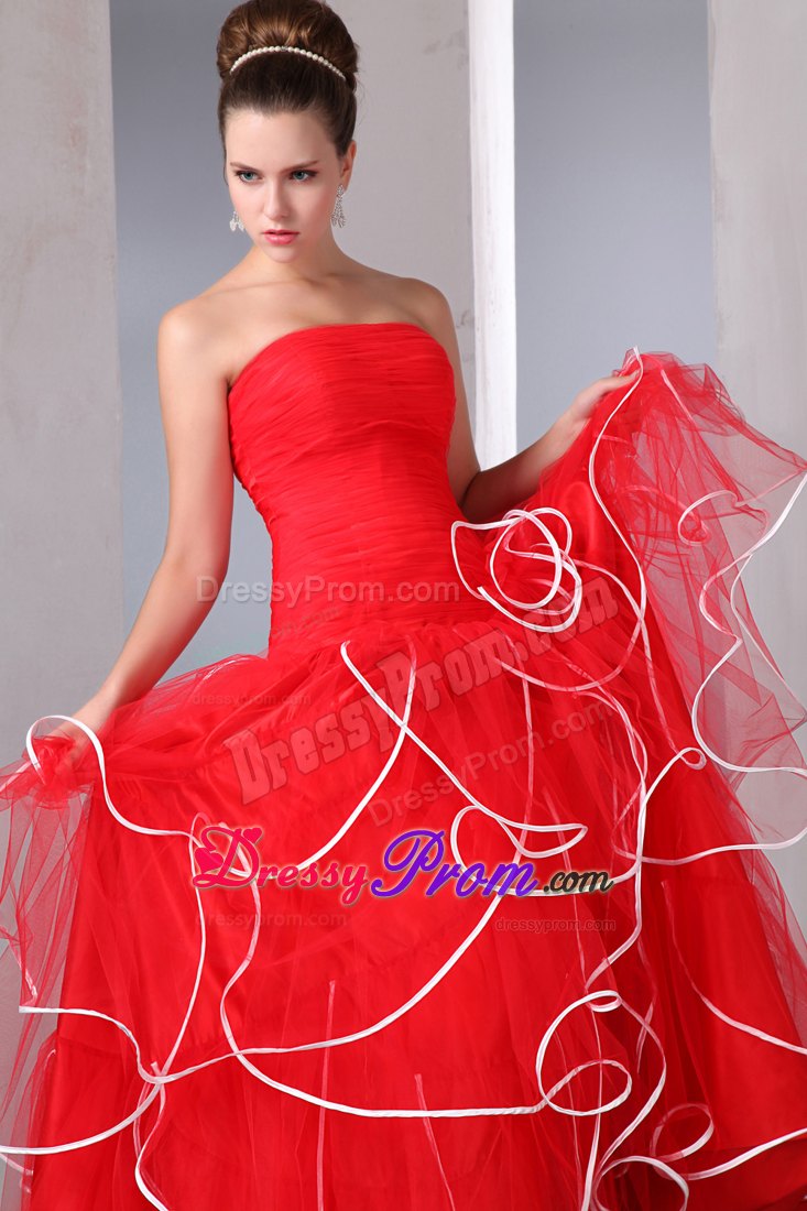 Multi-Tiered Organza Strapless Red Prom Gown Dress with Ruffles