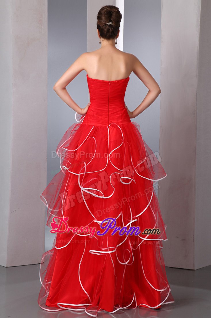 Multi-Tiered Organza Strapless Red Prom Gown Dress with Ruffles