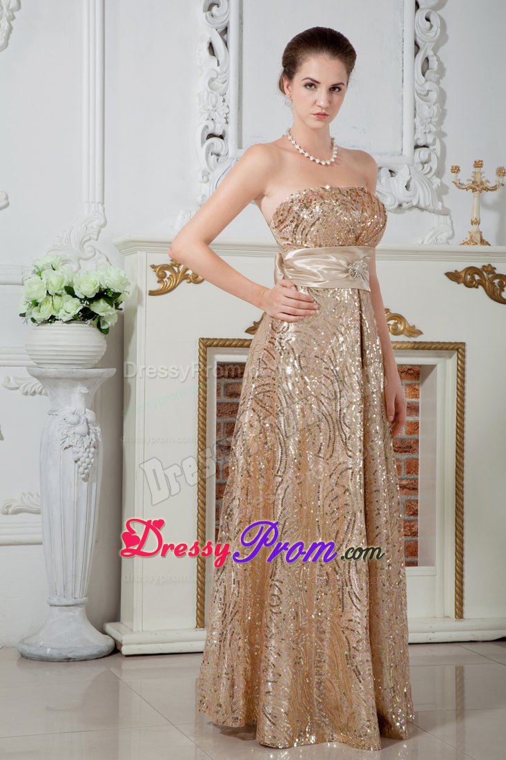Champagne Sequin long Prom Dress with Bowknot on Back