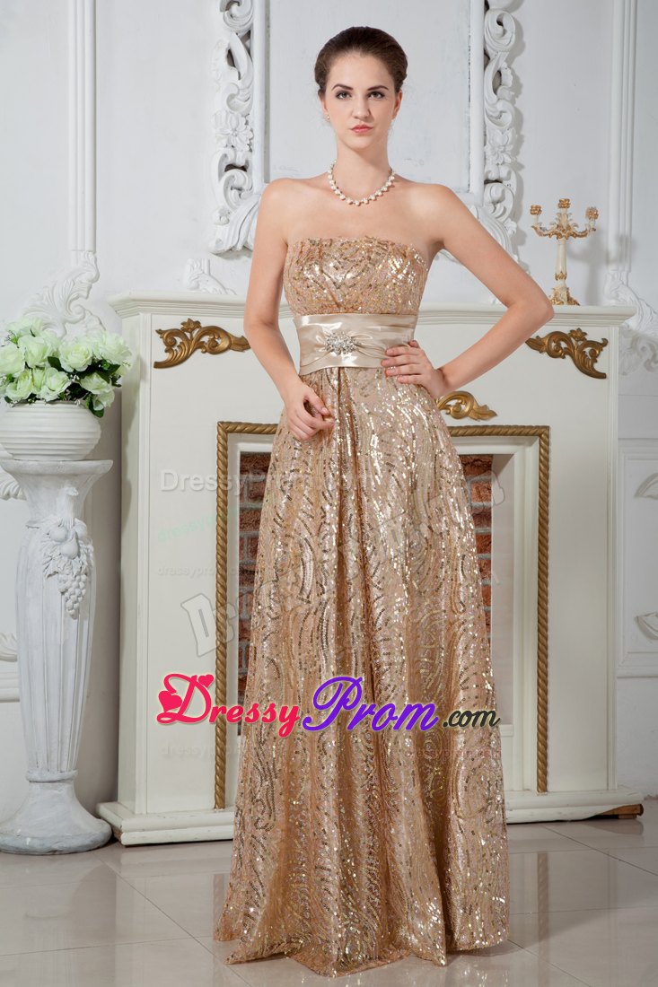 Champagne Sequin long Prom Dress with Bowknot on Back