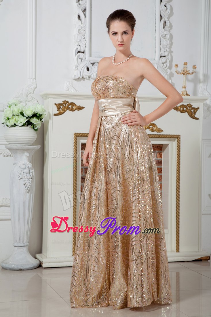 Champagne Sequin long Prom Dress with Bowknot on Back
