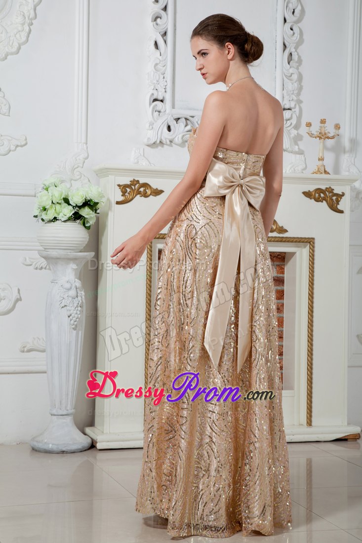 Champagne Sequin long Prom Dress with Bowknot on Back
