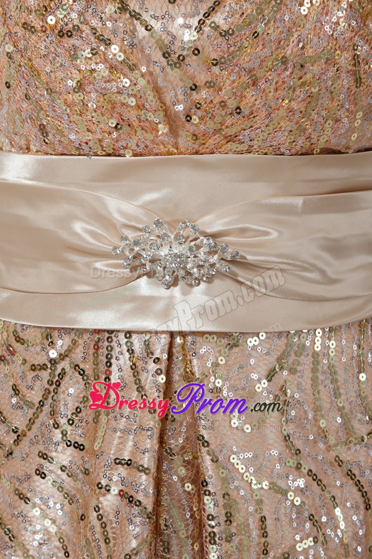 Champagne Sequin long Prom Dress with Bowknot on Back