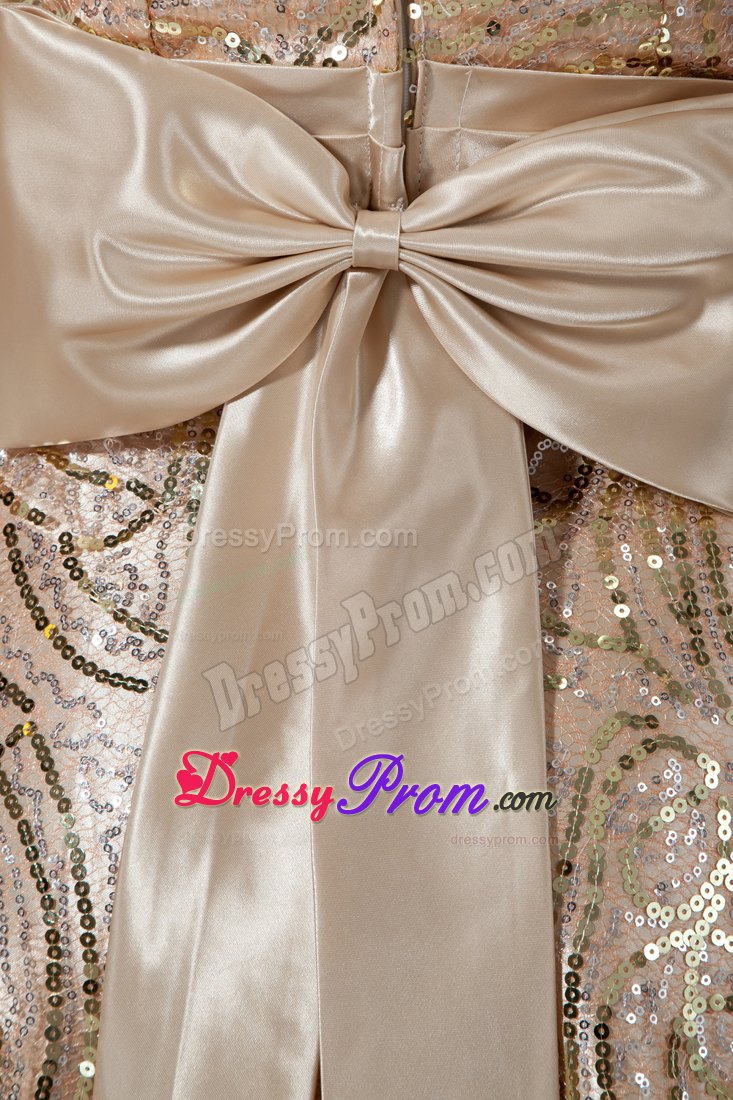 Champagne Sequin long Prom Dress with Bowknot on Back
