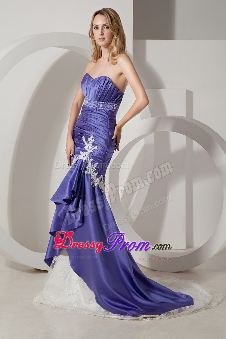 Court Train Ruche Appliqued Prom Gown Dress Purple And White