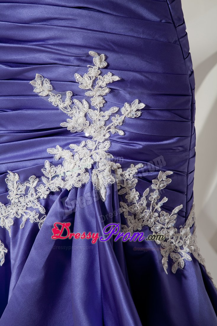 Court Train Ruche Appliqued Prom Gown Dress Purple And White