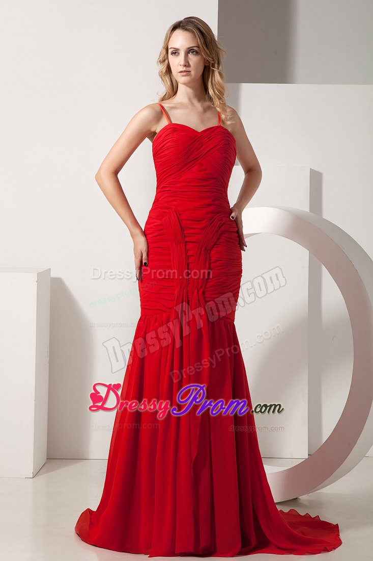 Red Mermaid Ruches Brush Train Prom formal Dress Spaghetti Straps