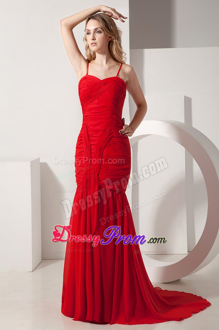 Red Mermaid Ruches Brush Train Prom formal Dress Spaghetti Straps