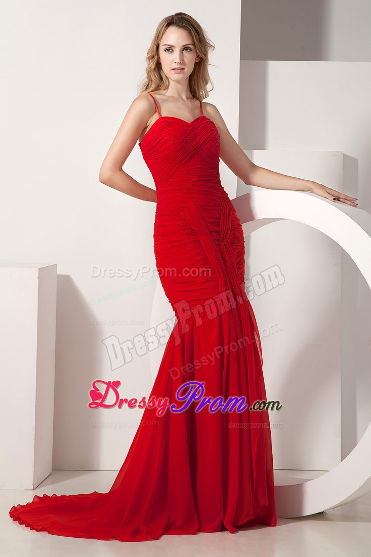 Red Mermaid Ruches Brush Train Prom formal Dress Spaghetti Straps