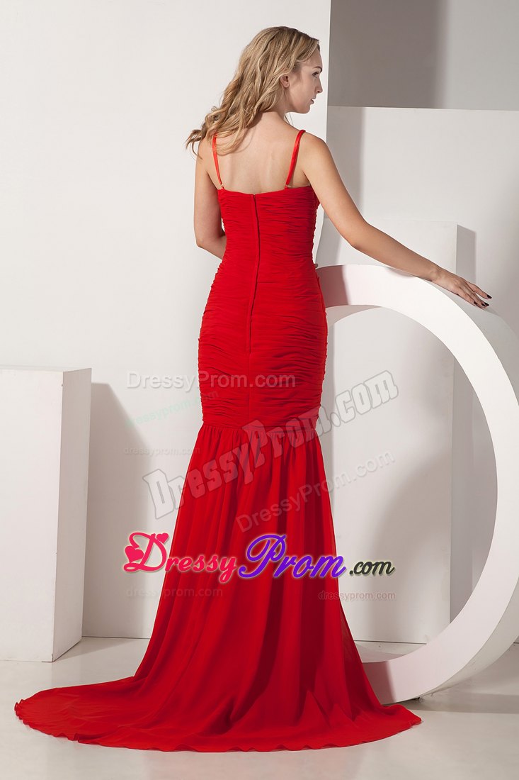 Red Mermaid Ruches Brush Train Prom formal Dress Spaghetti Straps