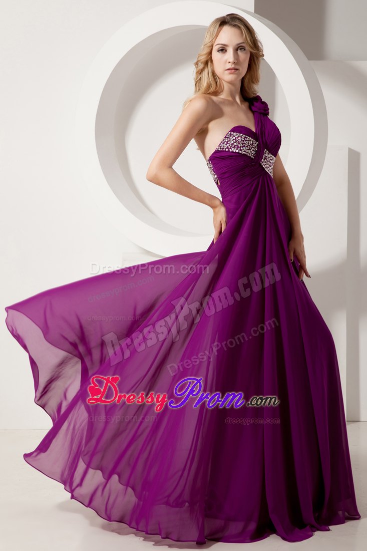 Flowery One Shoulder Beading Prom formal Dresses in Dark Purple