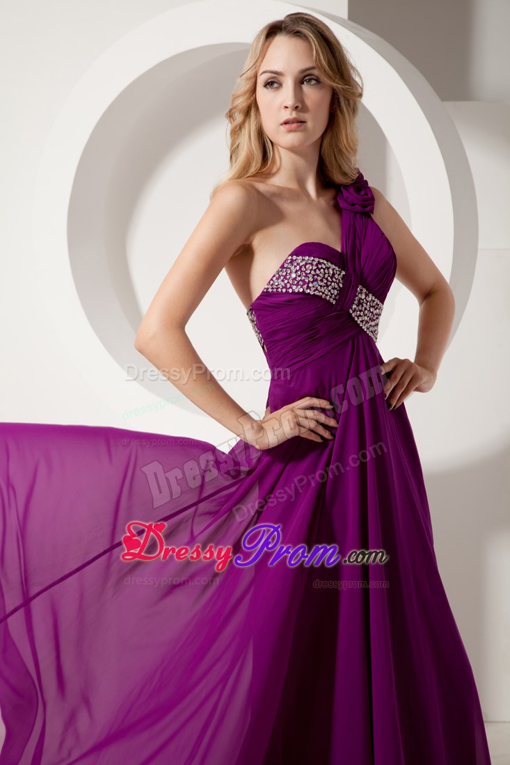 Flowery One Shoulder Beading Prom formal Dresses in Dark Purple