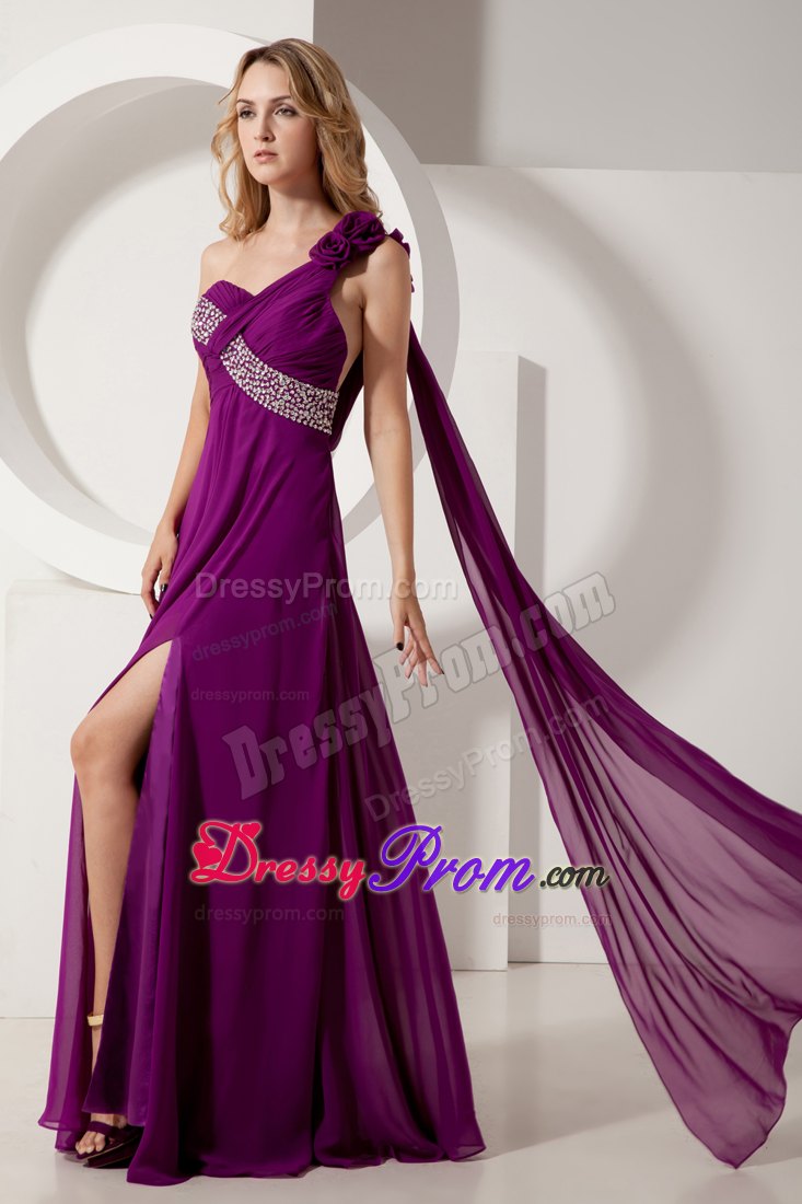 Flowery One Shoulder Beading Prom formal Dresses in Dark Purple