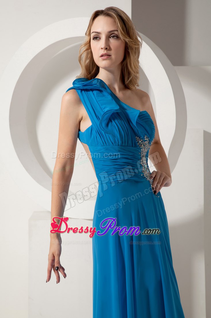 Best Blue One Shoulder Chiffon Prom formal Dress with Beading Ruches