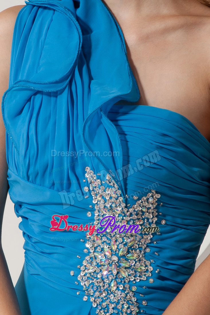 Best Blue One Shoulder Chiffon Prom formal Dress with Beading Ruches