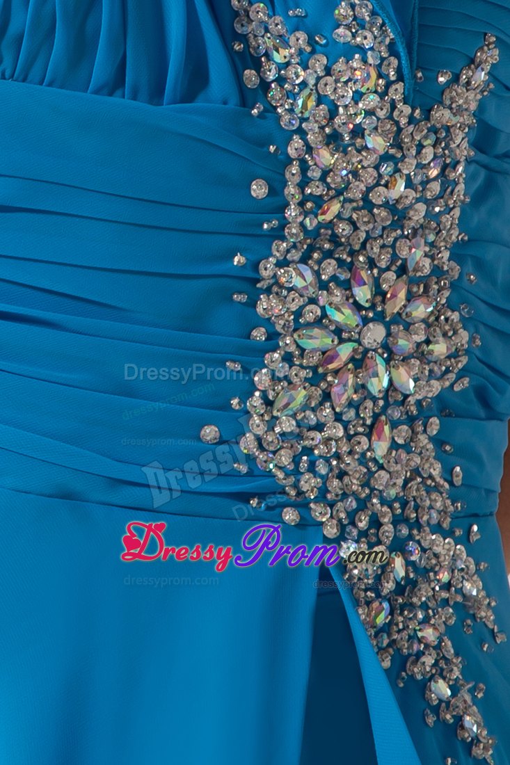 Best Blue One Shoulder Chiffon Prom formal Dress with Beading Ruches