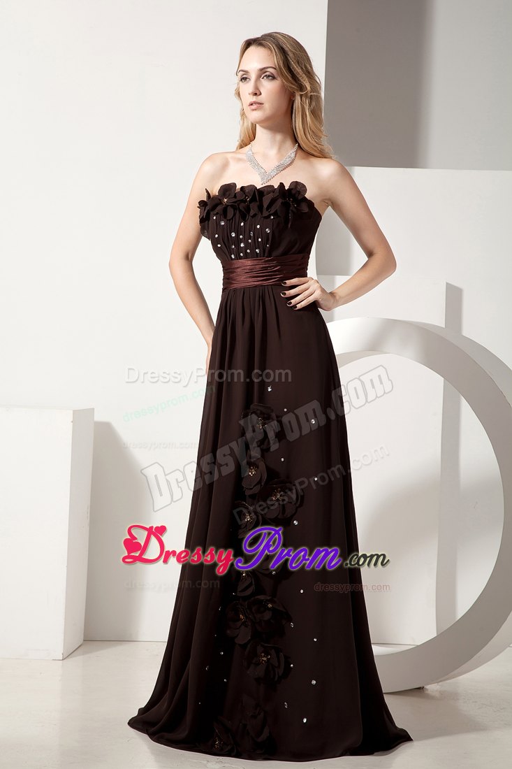 Brown Floor Length Prom Pageant Dresses with Flowers and Beading