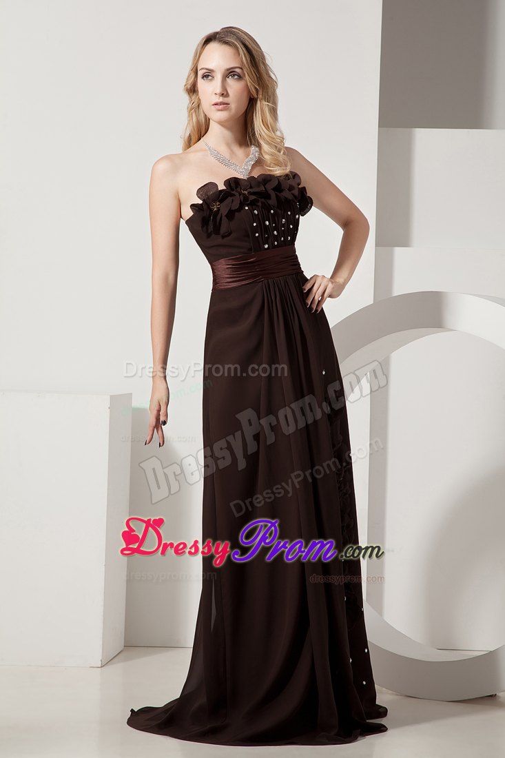 Brown Floor Length Prom Pageant Dresses with Flowers and Beading