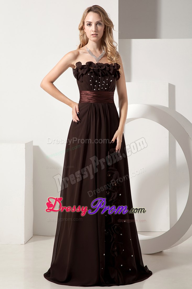 Brown Floor Length Prom Pageant Dresses with Flowers and Beading