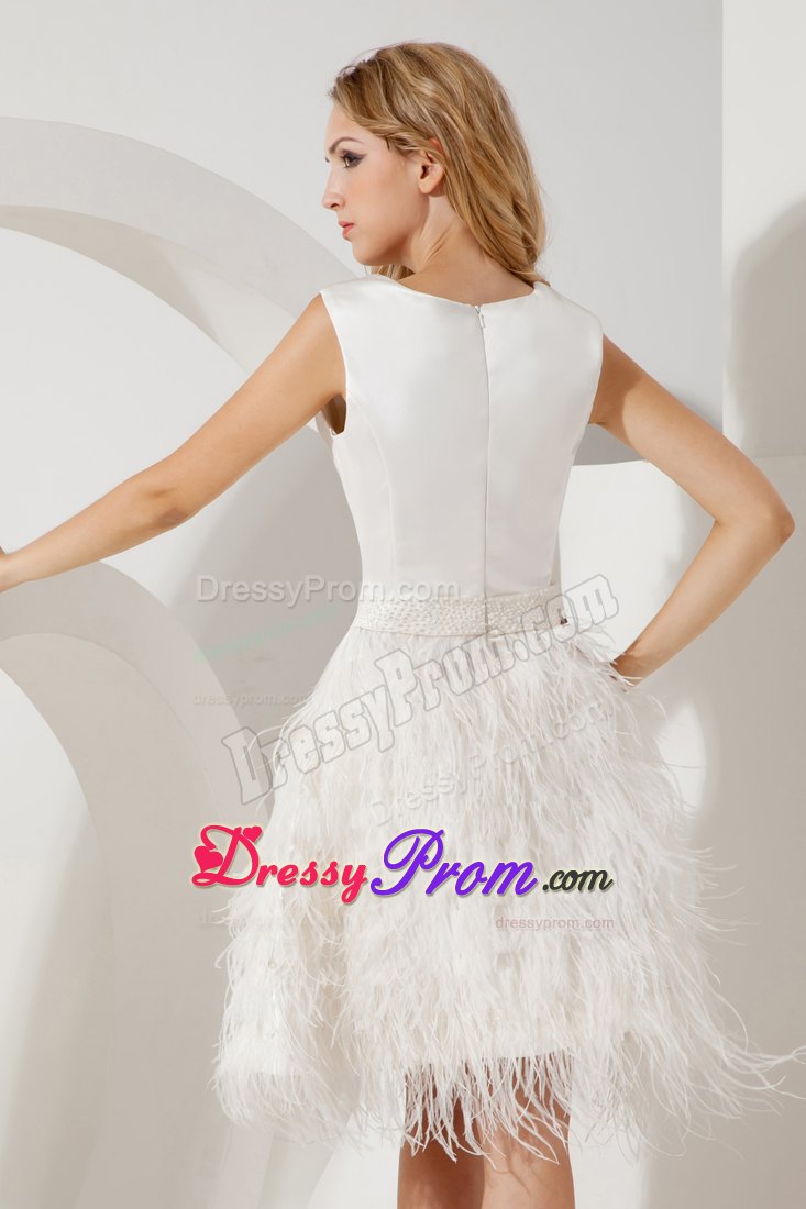 White Scoop Mini Prom Pageant Dresses with Feather and Beading