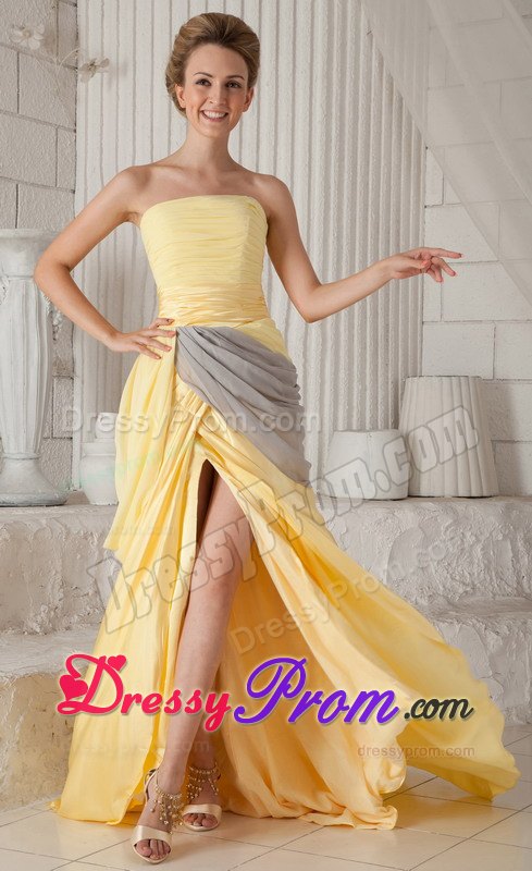 Yellow and Gray Strapless High Slit Chiffon Prom Pageant Dresses