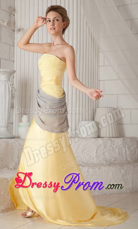 Yellow and Gray Strapless High Slit Chiffon Prom Pageant Dresses