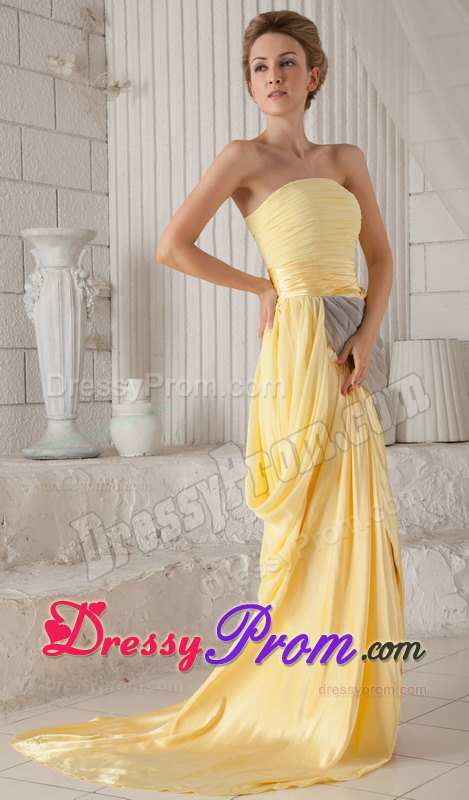 Yellow and Gray Strapless High Slit Chiffon Prom Pageant Dresses