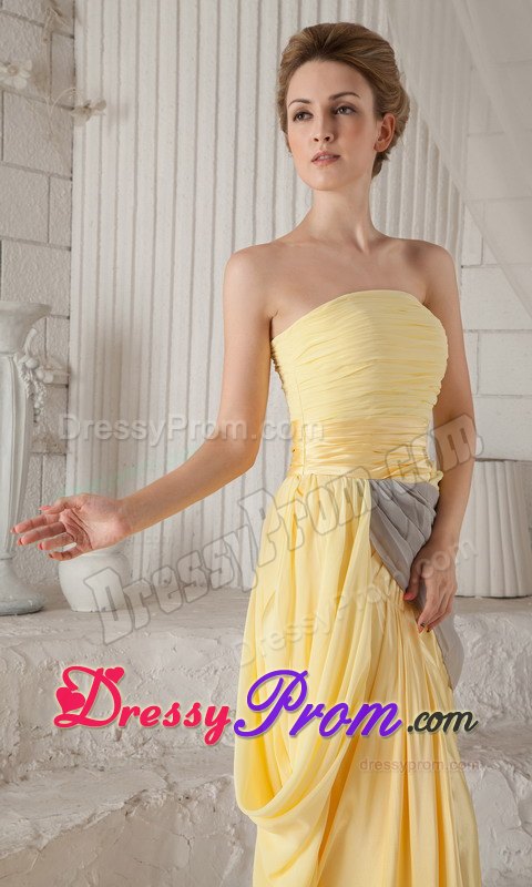 Yellow and Gray Strapless High Slit Chiffon Prom Pageant Dresses