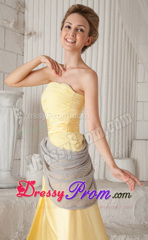Yellow and Gray Strapless High Slit Chiffon Prom Pageant Dresses