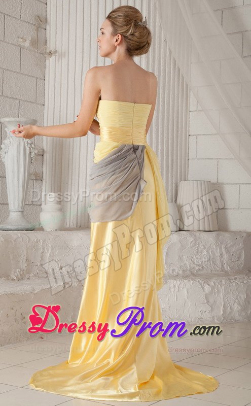 Yellow and Gray Strapless High Slit Chiffon Prom Pageant Dresses