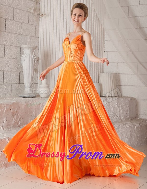 Pleats Accent Orange Prom Pageant Dresses with Spaghetti Straps