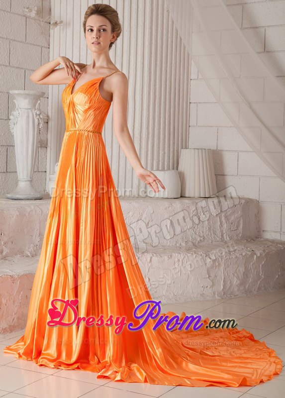 Pleats Accent Orange Prom Pageant Dresses with Spaghetti Straps