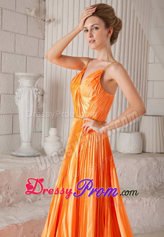 Pleats Accent Orange Prom Pageant Dresses with Spaghetti Straps