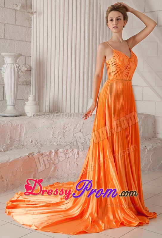 Pleats Accent Orange Prom Pageant Dresses with Spaghetti Straps