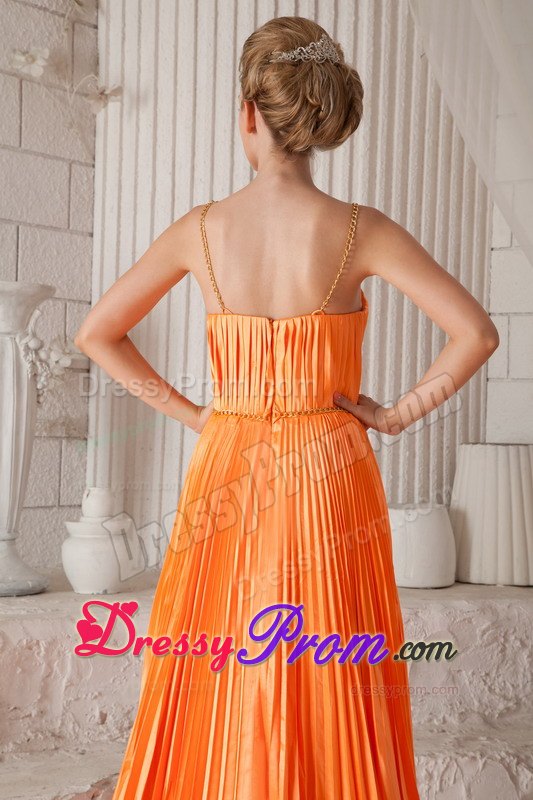 Pleats Accent Orange Prom Pageant Dresses with Spaghetti Straps