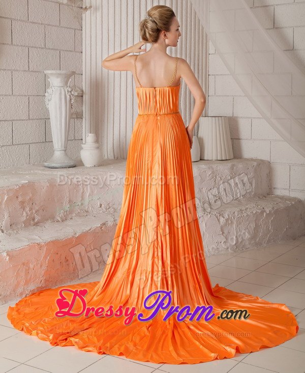 Pleats Accent Orange Prom Pageant Dresses with Spaghetti Straps