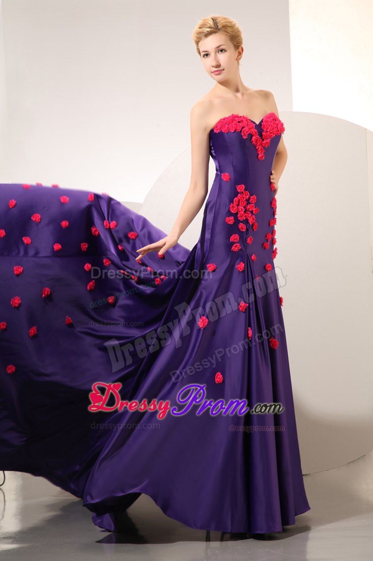 Flower Appliques Accent Purple Prom Pageant Dress with Chapel Train