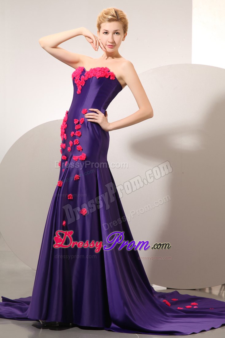 Flower Appliques Accent Purple Prom Pageant Dress with Chapel Train