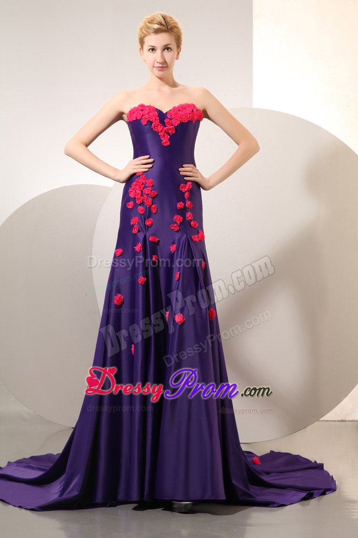 Flower Appliques Accent Purple Prom Pageant Dress with Chapel Train