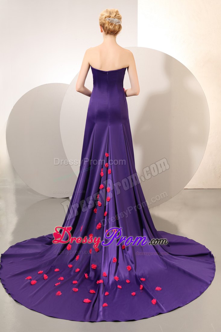 Flower Appliques Accent Purple Prom Pageant Dress with Chapel Train