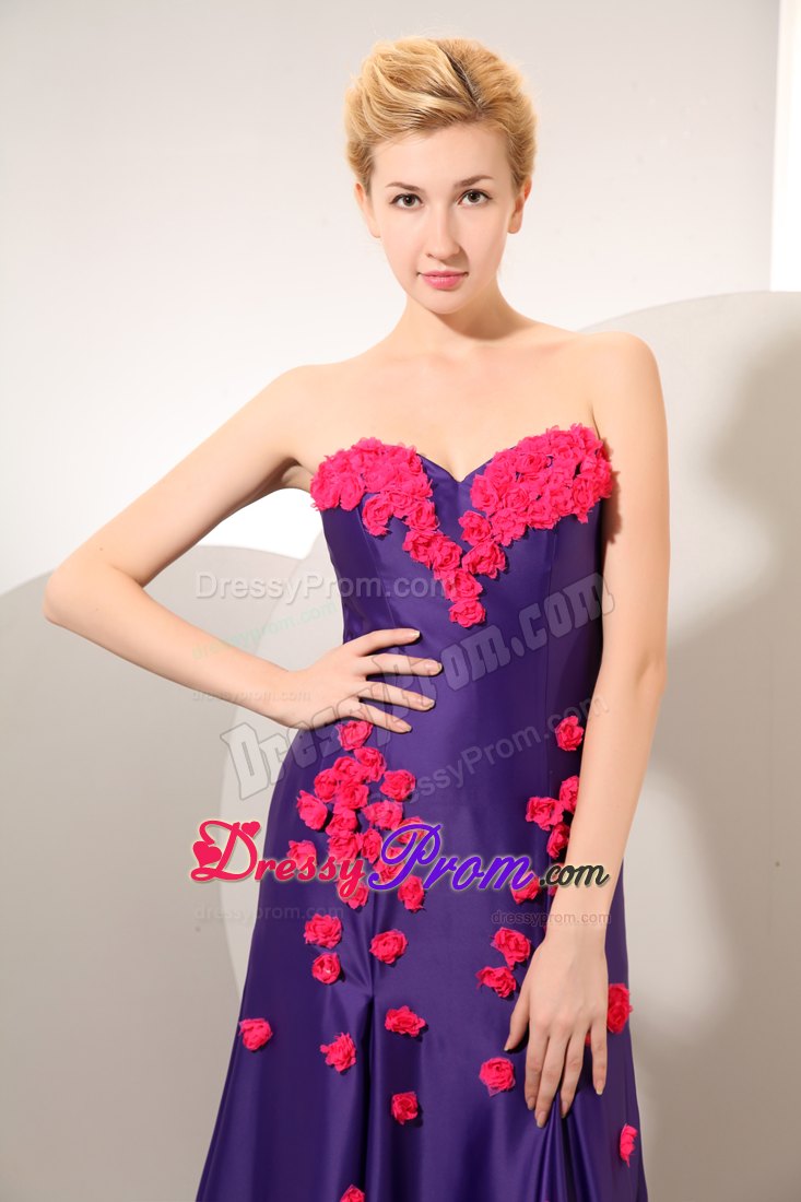 Flower Appliques Accent Purple Prom Pageant Dress with Chapel Train