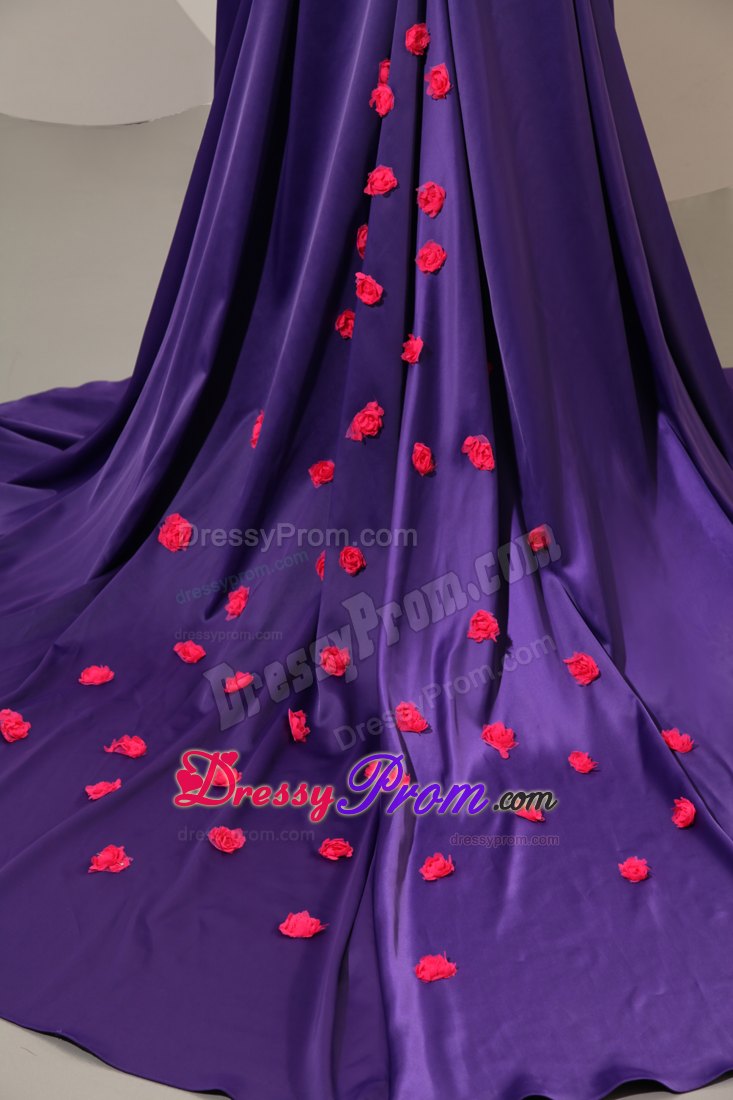 Flower Appliques Accent Purple Prom Pageant Dress with Chapel Train