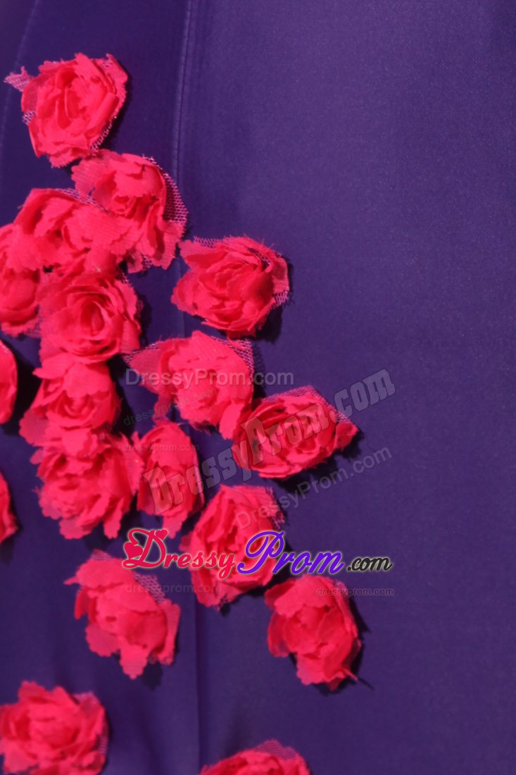 Flower Appliques Accent Purple Prom Pageant Dress with Chapel Train