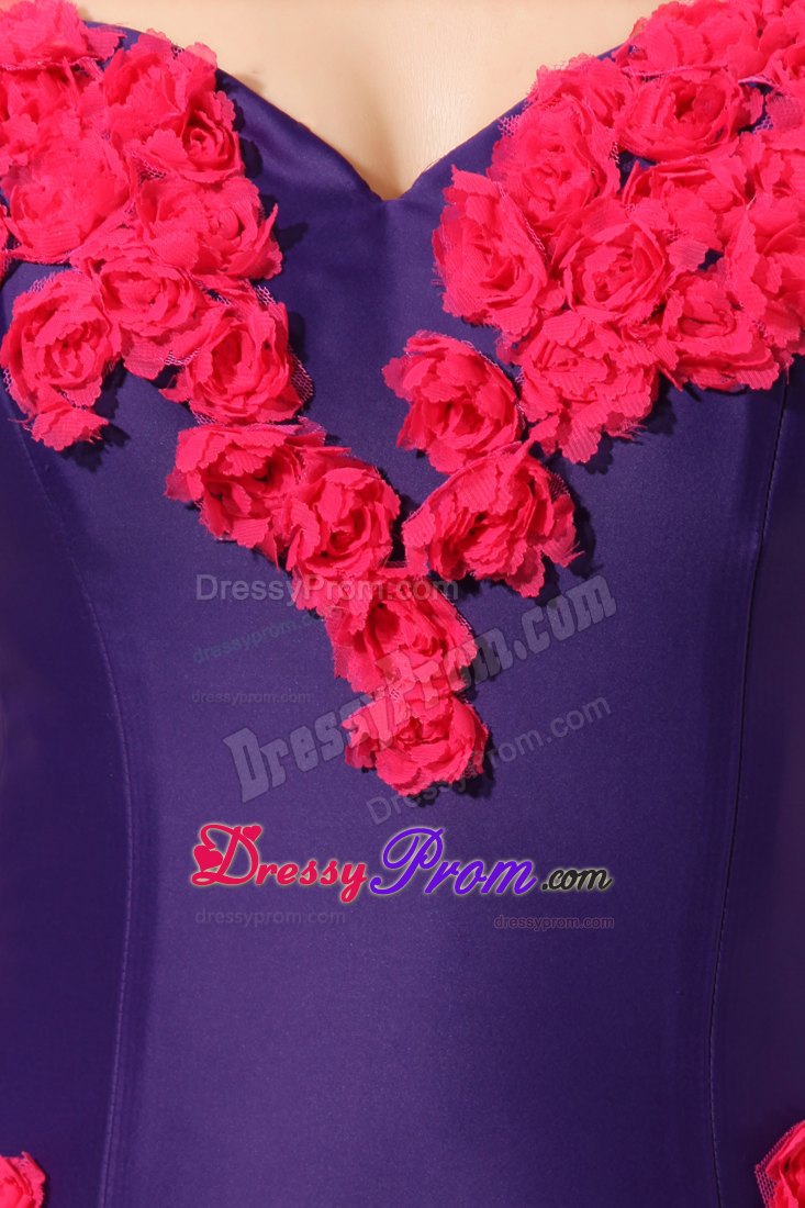 Flower Appliques Accent Purple Prom Pageant Dress with Chapel Train